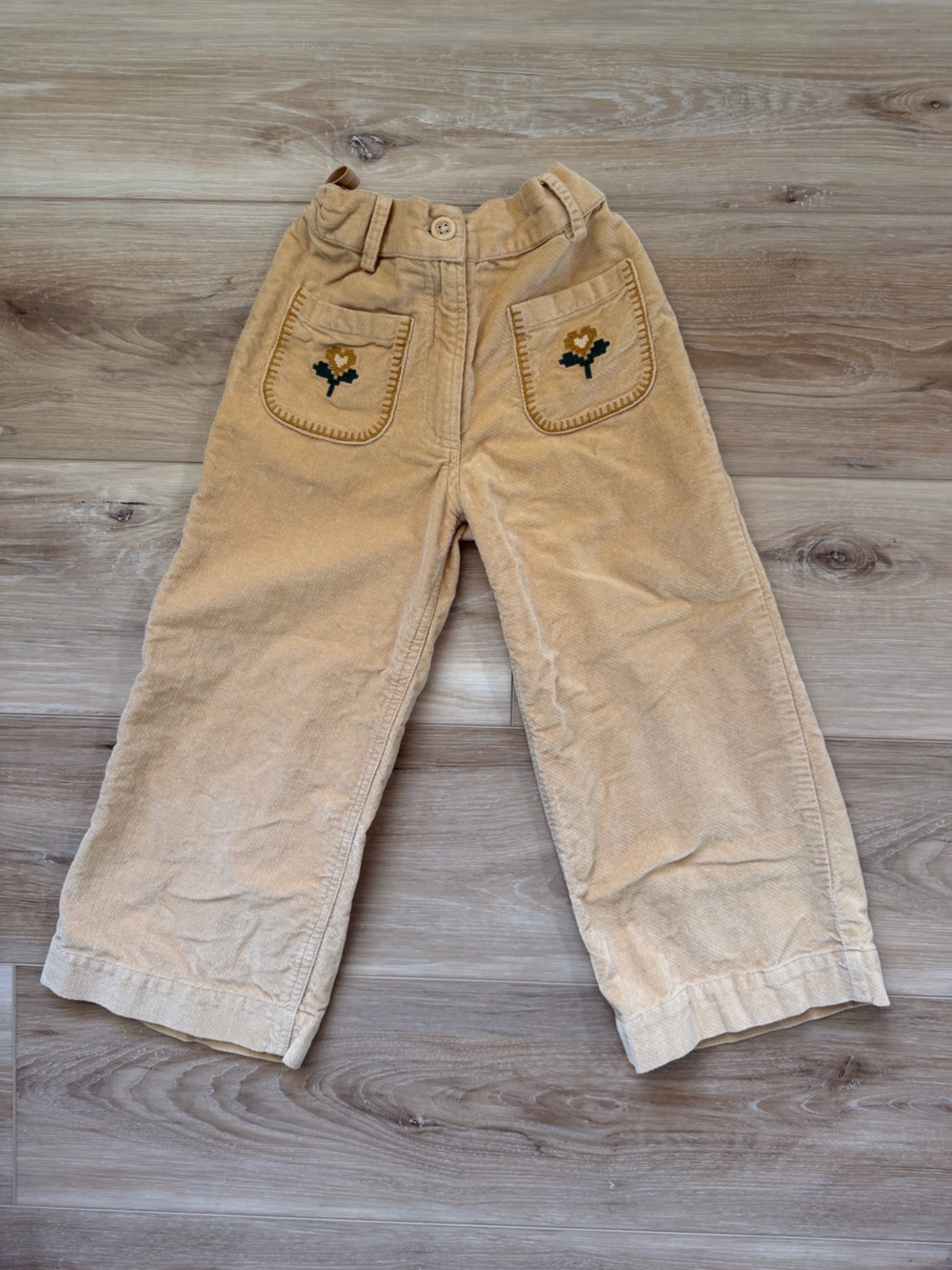 Emile et Ida Beige Corduroy Pants with Floral Pocket Embroidery